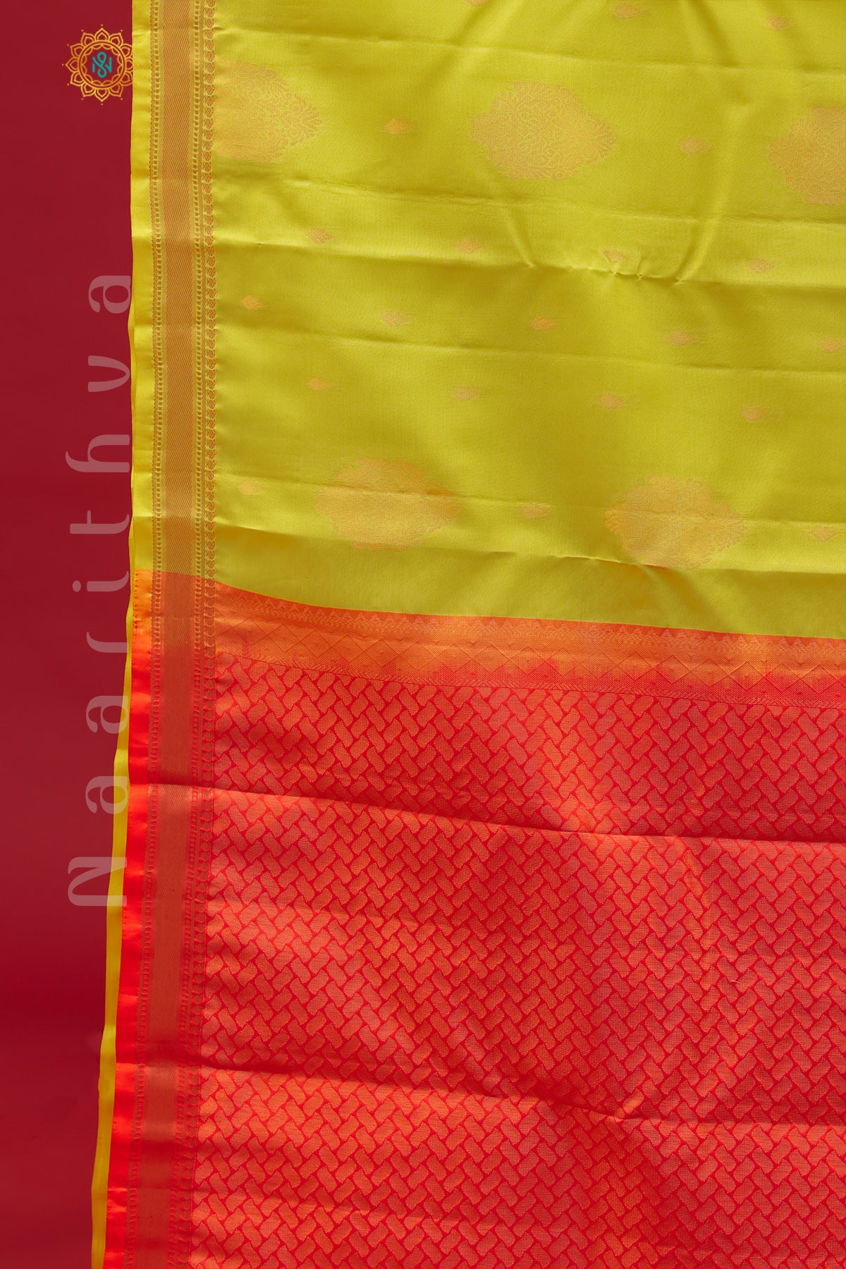 LEMON YELLOW WITH ORANGISH RED - KANJIVARAM SILK WITH ZARI WOVEN CONTRAST PALLU