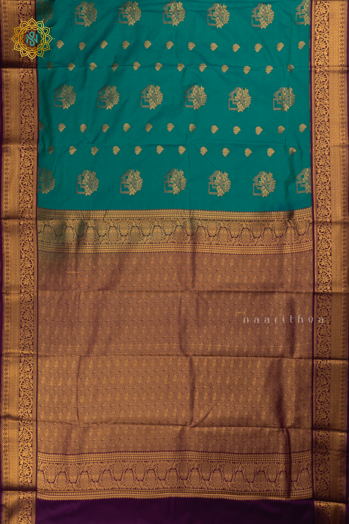 Aqua Green with Wine Semi Kanchi Saree With Zari Buttas All Over And Contrast Zari Border