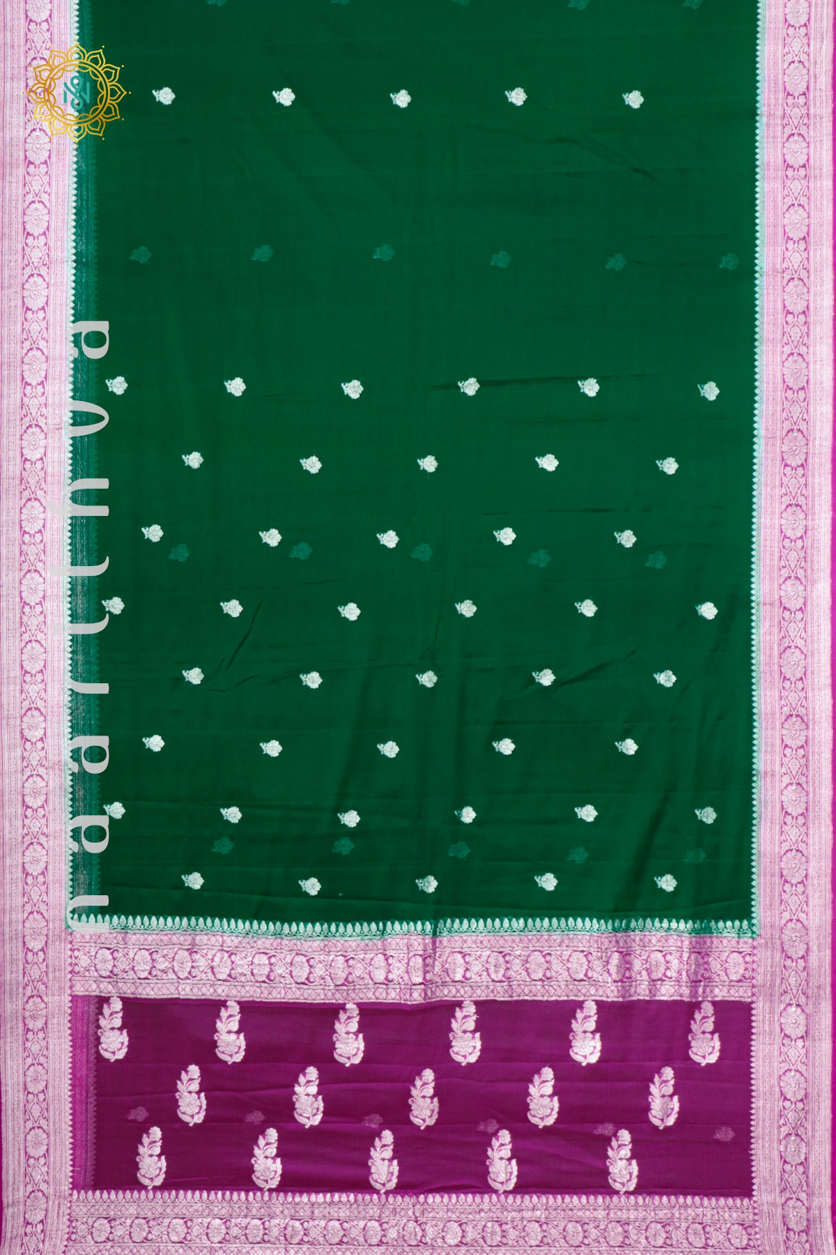 BOTTLE GREEN WITH PINK - PURE BANARASI CHIFFON