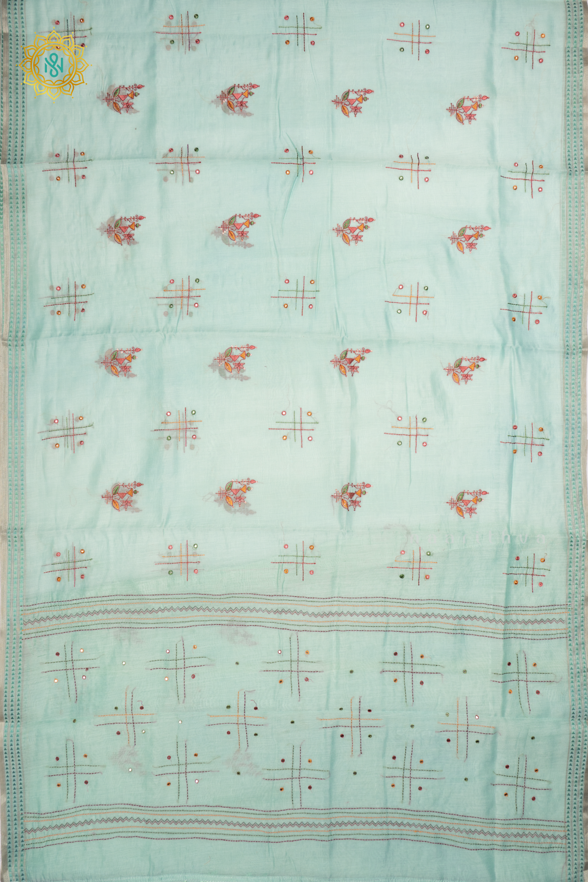 LIGHT GREEN - CHANDERI  COTTON SAREE WITH EMBROIDERY BUTTAS,  PALLU AND  THREAD WOVEN BORDER