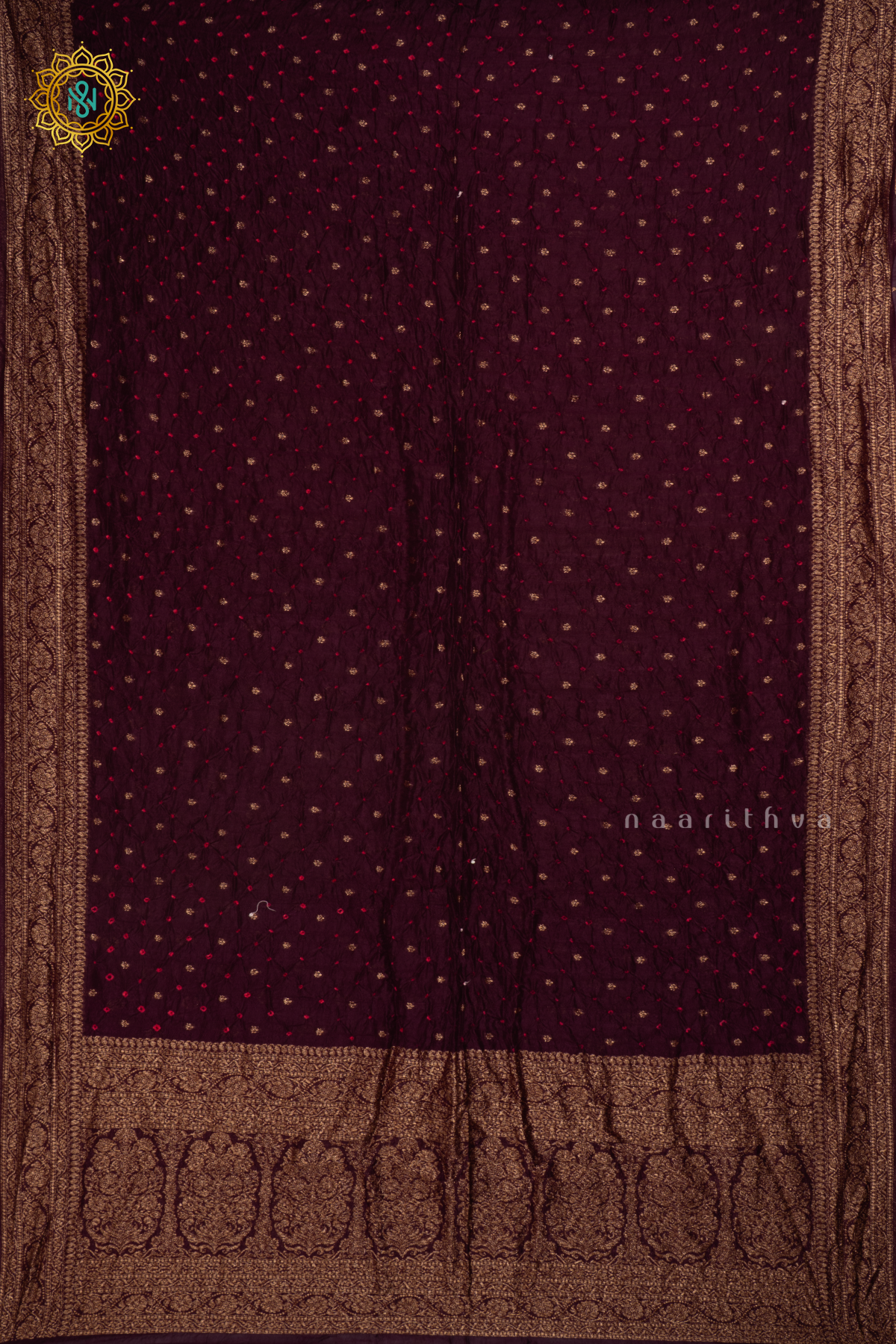 Deep Wine Semi Tussar With Bandhani Tie And Dye