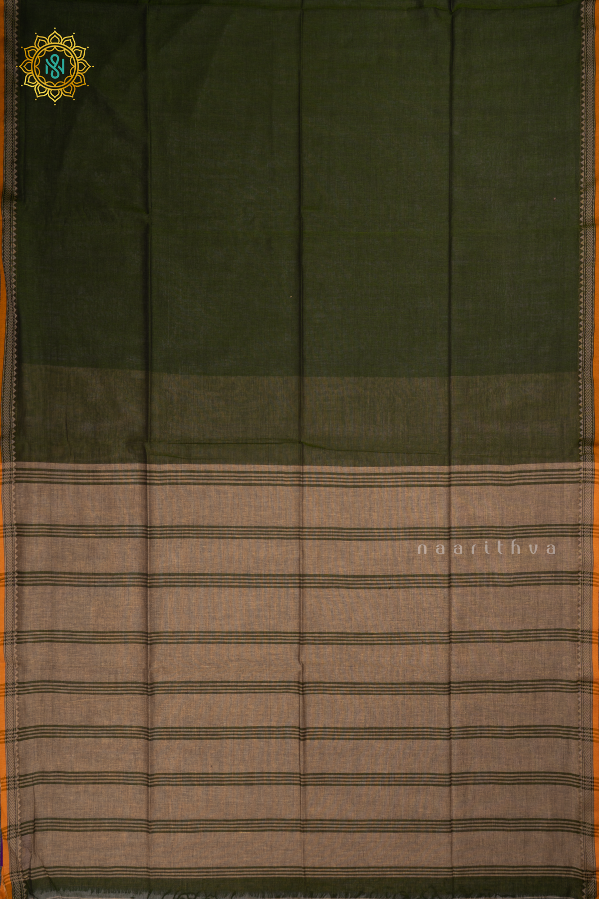 Olive Green With Beige Mul Cotton Plain Body With Thread Woven Border