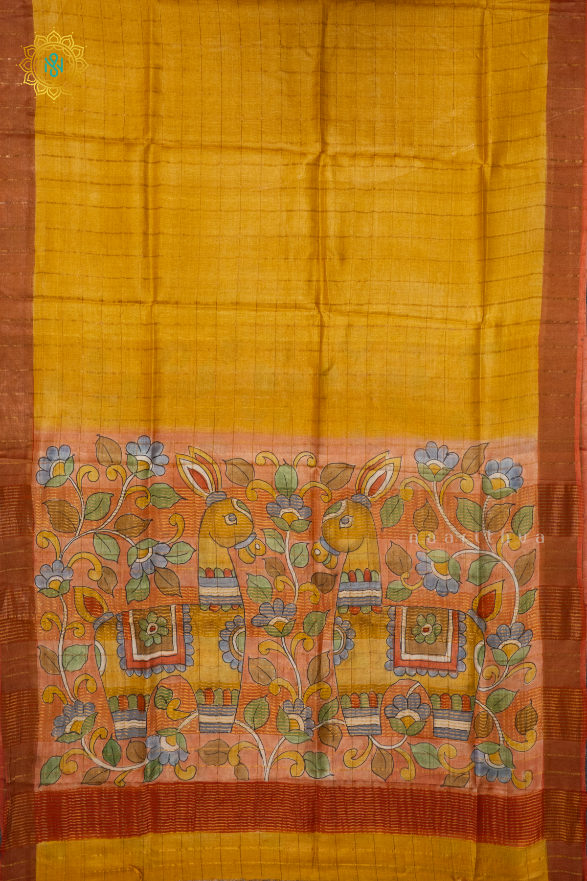 YELLOW WITH DARK PEACH - PURE TUSSAR SILK