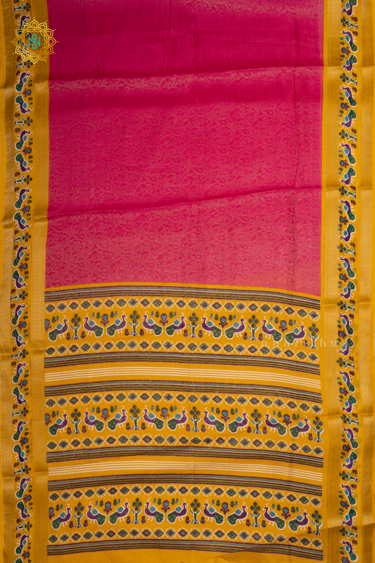 Pink With Yellow Dola Silk Saree With Zari Woven Body And Printed Zari Border