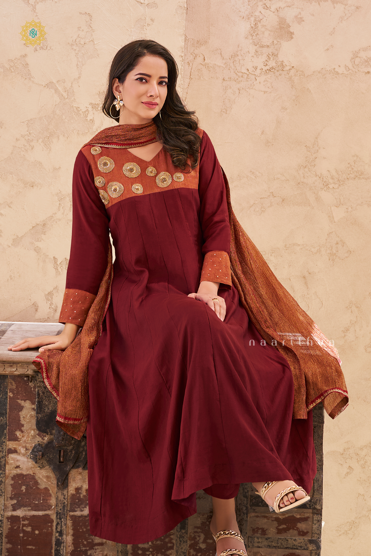 MAROON - SILK  3PC SALWAR SUIT WITH PRINTED TOP, BOTTOM & DUPATTA
