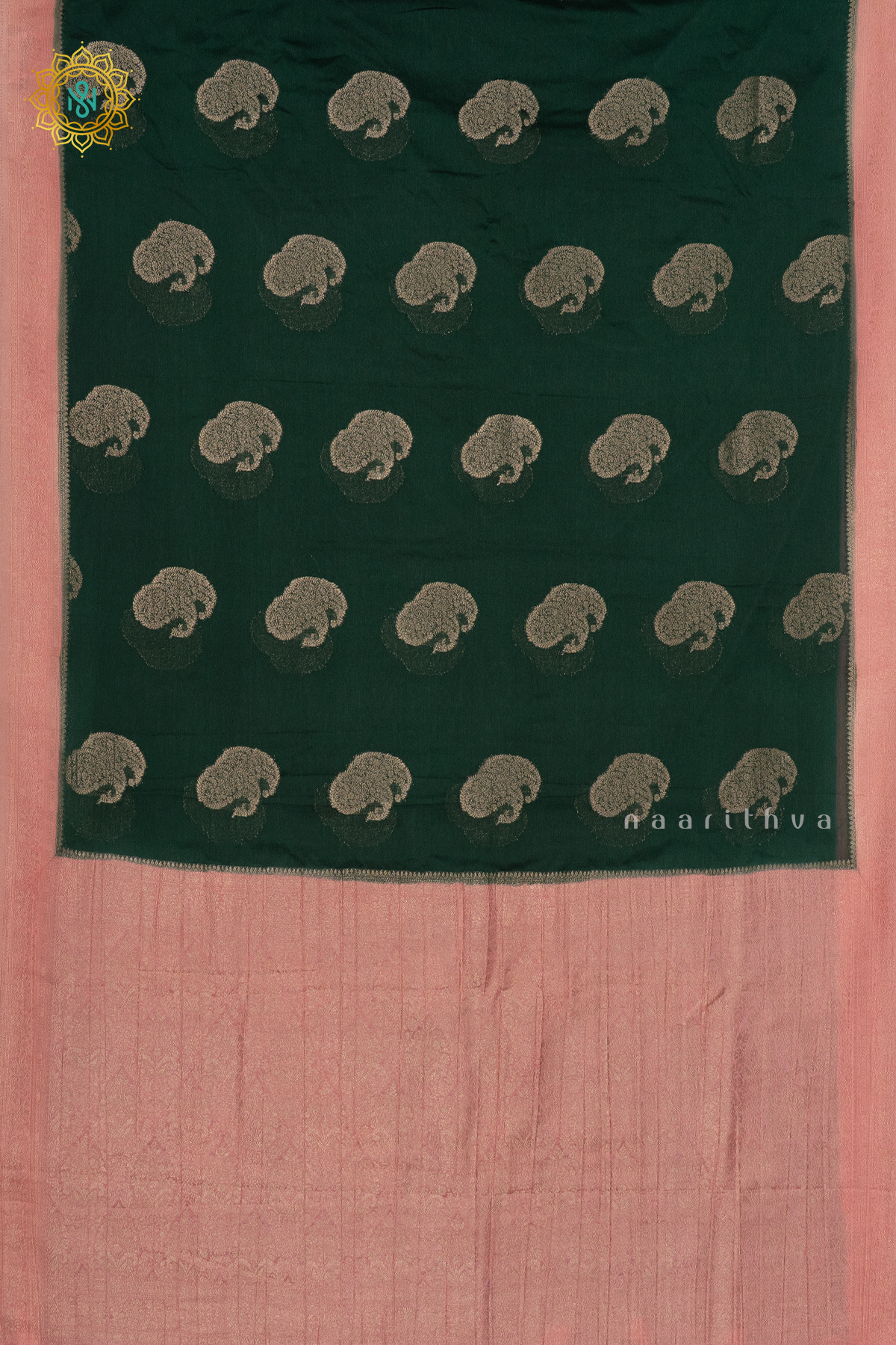 BOTTLE GREEN WITH PEACH - SEMI CREPE GEORGETTE