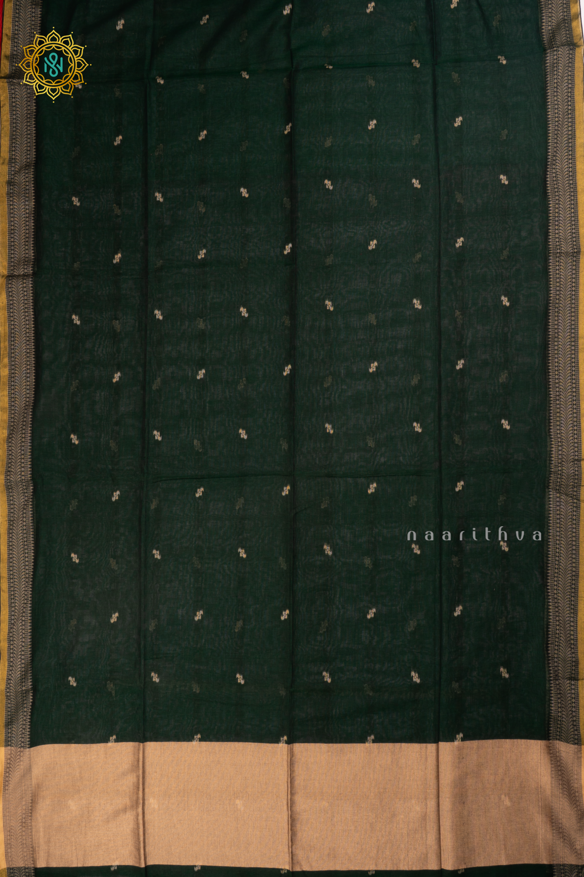 Bottle Green Mul Cotton Saree Thread Woven Buttas On The Body With Thread and Zari Woven Border
