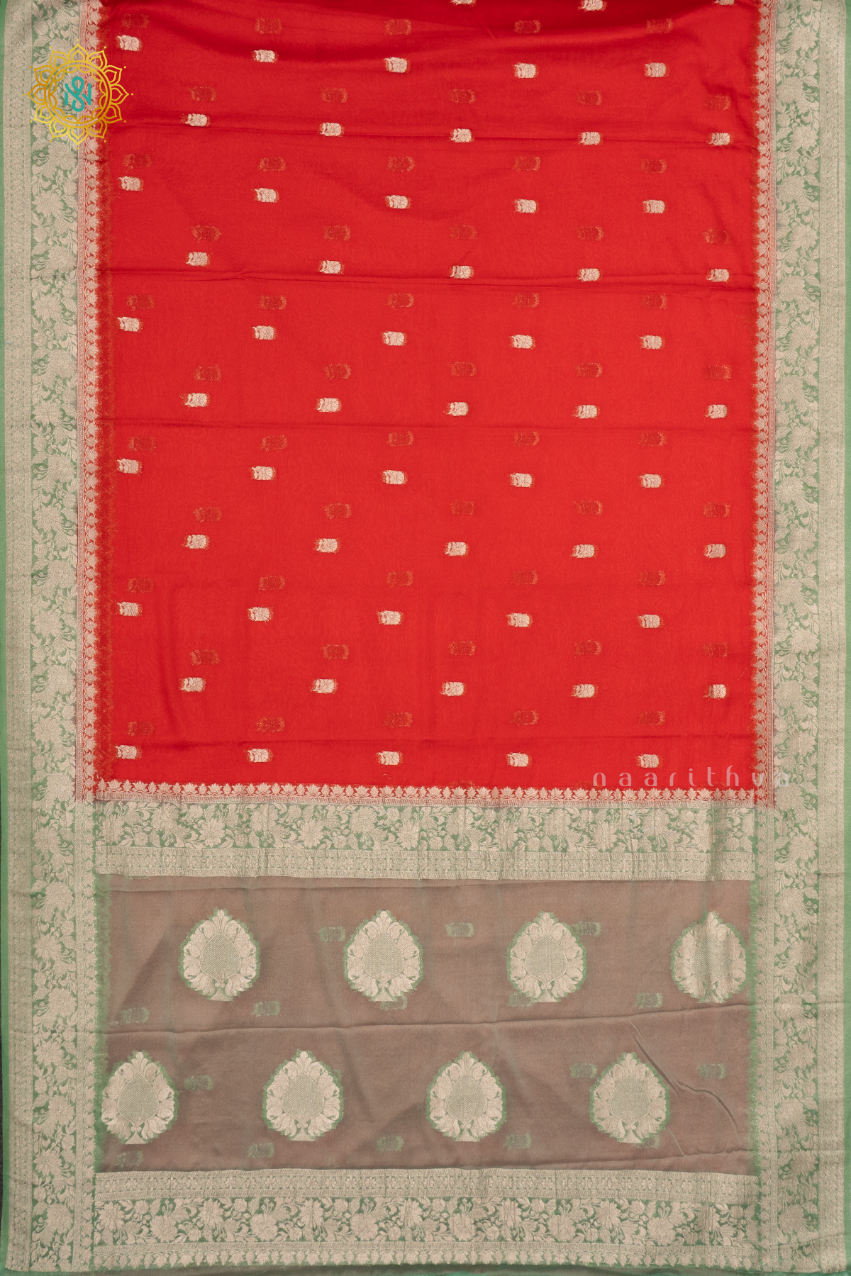 RED WITH PISTA GREEN - SEMI CHIFFON BANARASI