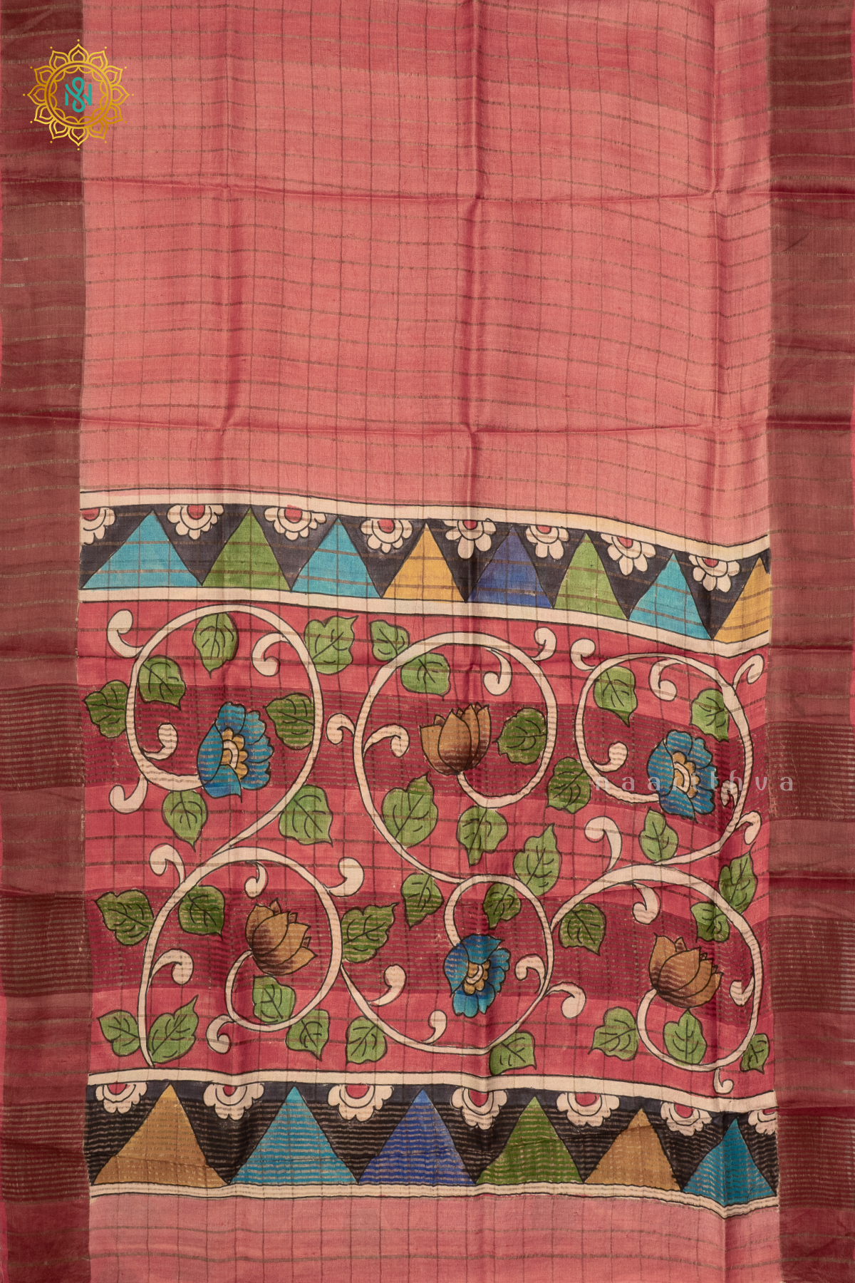 PEACH WITH RED - PURE TUSSAR SILK