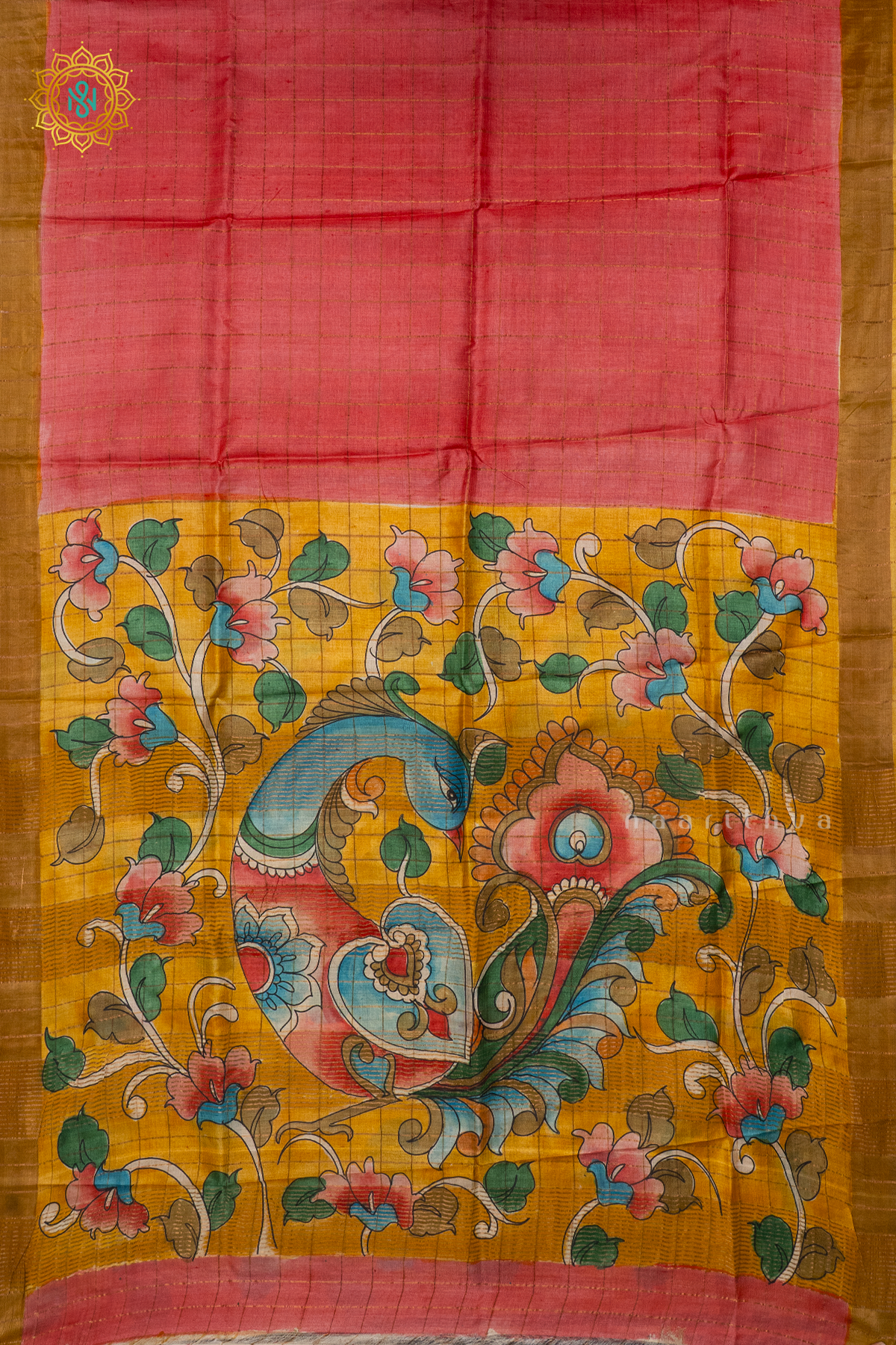 PEACHISH RED WITH YELLOW - PURE TUSSAR SILK