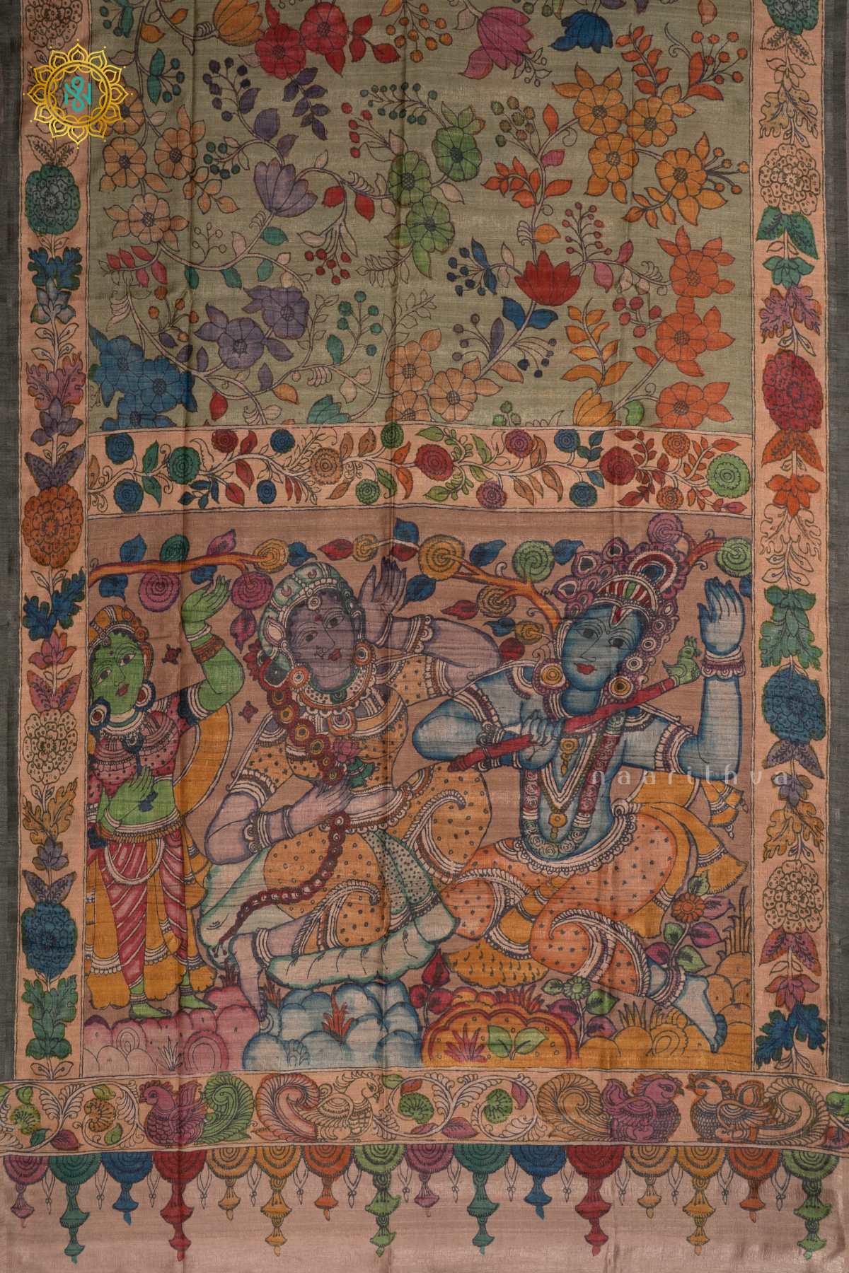 Light Green With Beige Semi Gicha Tussar Saree With Kalamkari Printed Body, Pallu And Blouse