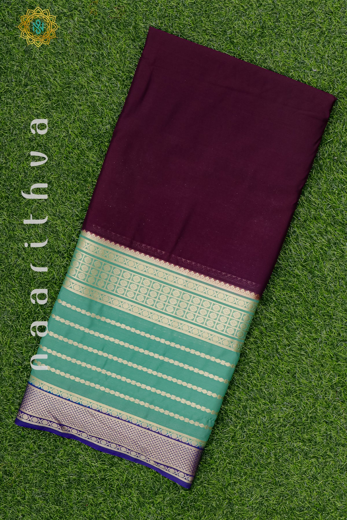 WINE WITH GREEN & NAVY BLUE - SEMI MYSORE CREPE SILK