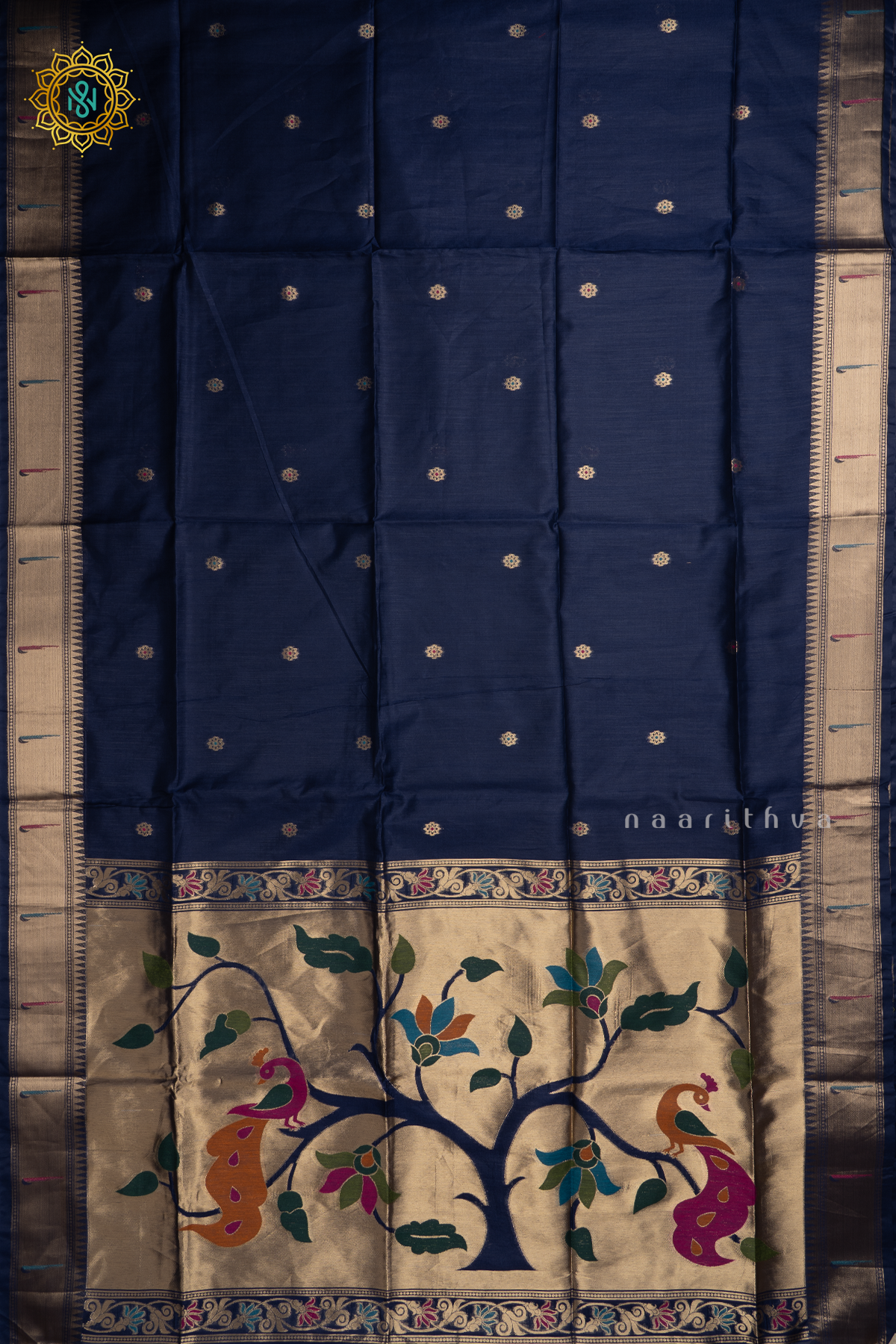 Navy Blue Semi Tussar Silk Saree Zari Buttas On The Body With Paithani Border & Pallu