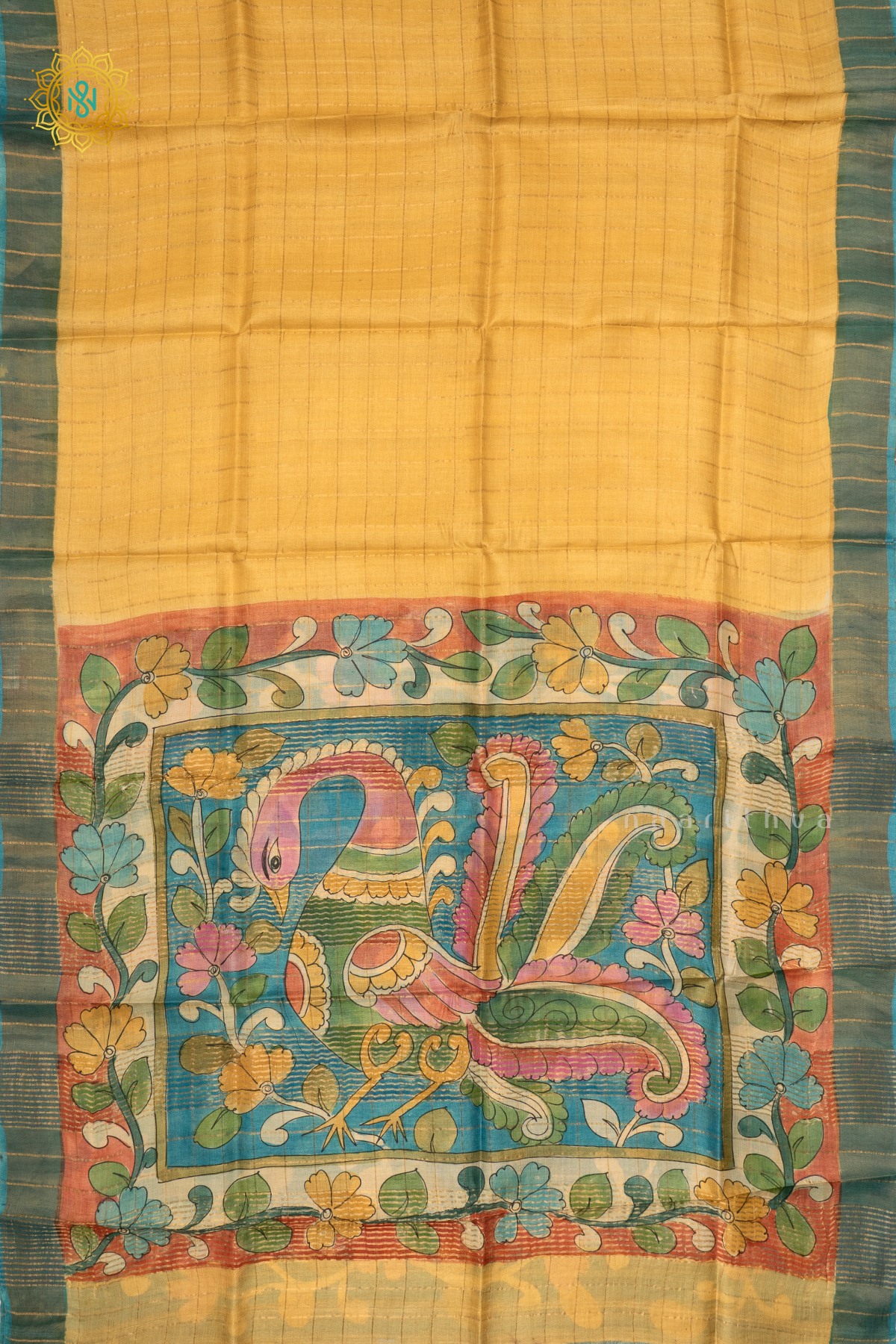 YELLOW WITH SKY BLUE - PURE TUSSAR SILK