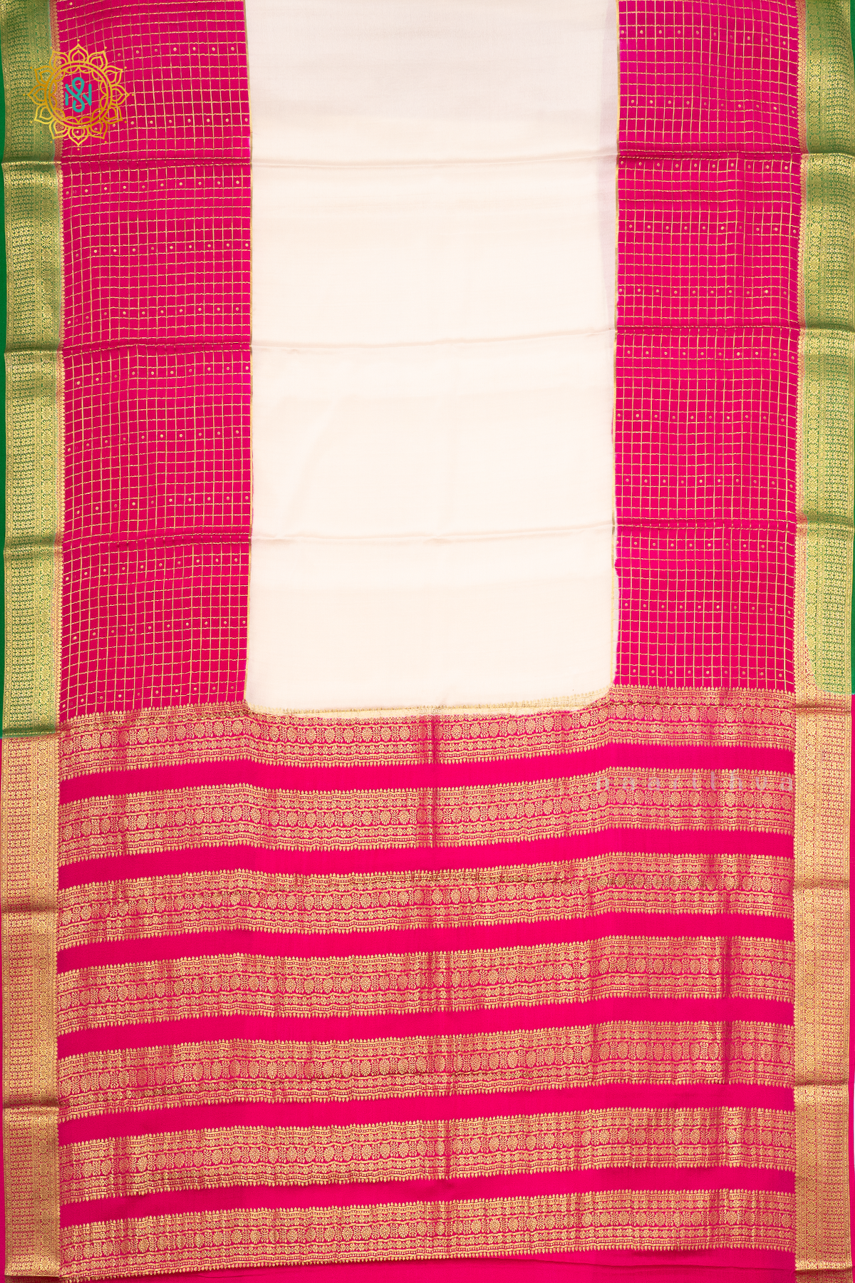 WHITE WITH PINK & GREEN - PURE MYSORE CREPE SILK