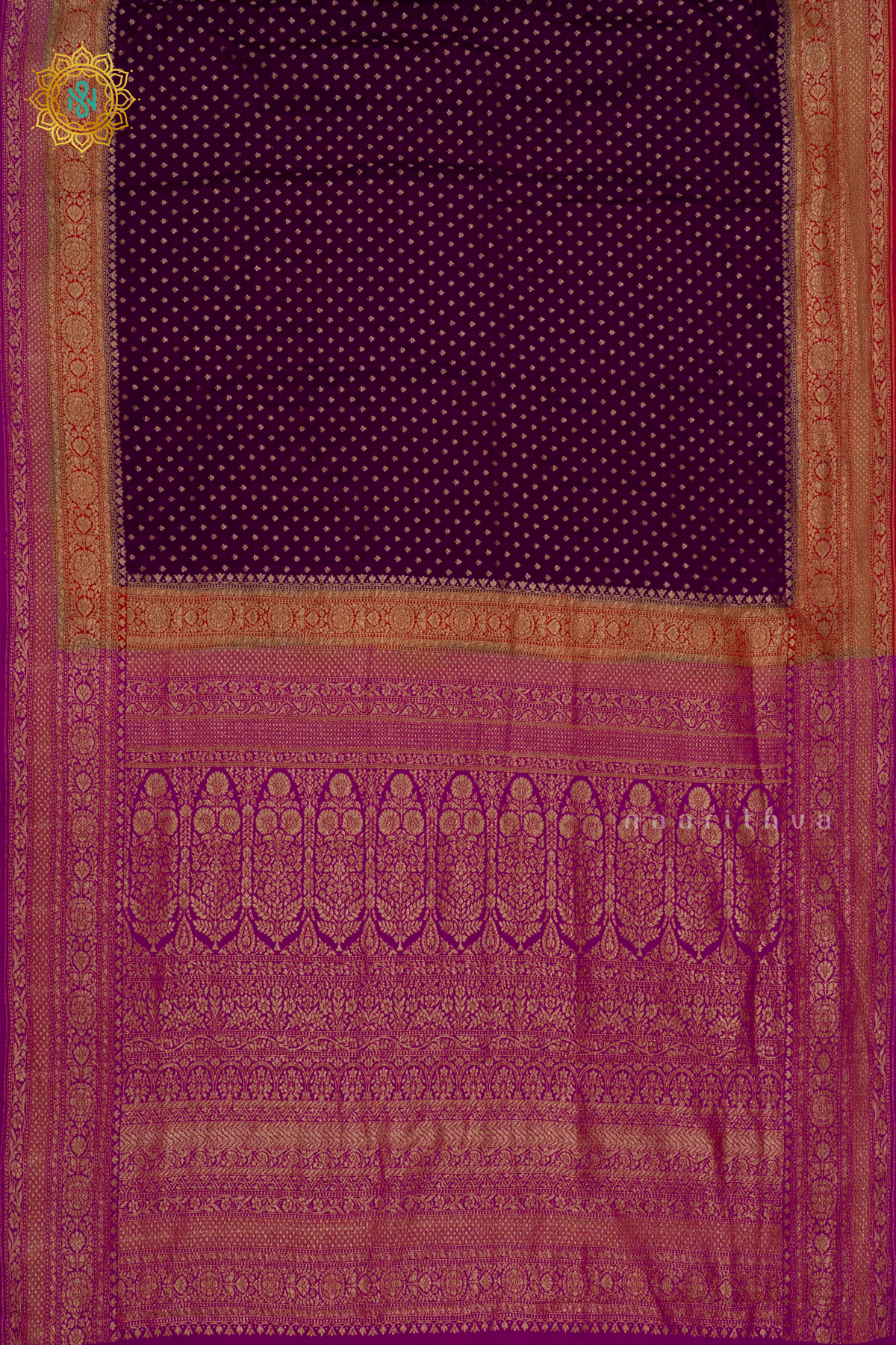 WINE WITH ORANGE & PINK - PURE BANARASI CREPE SILK