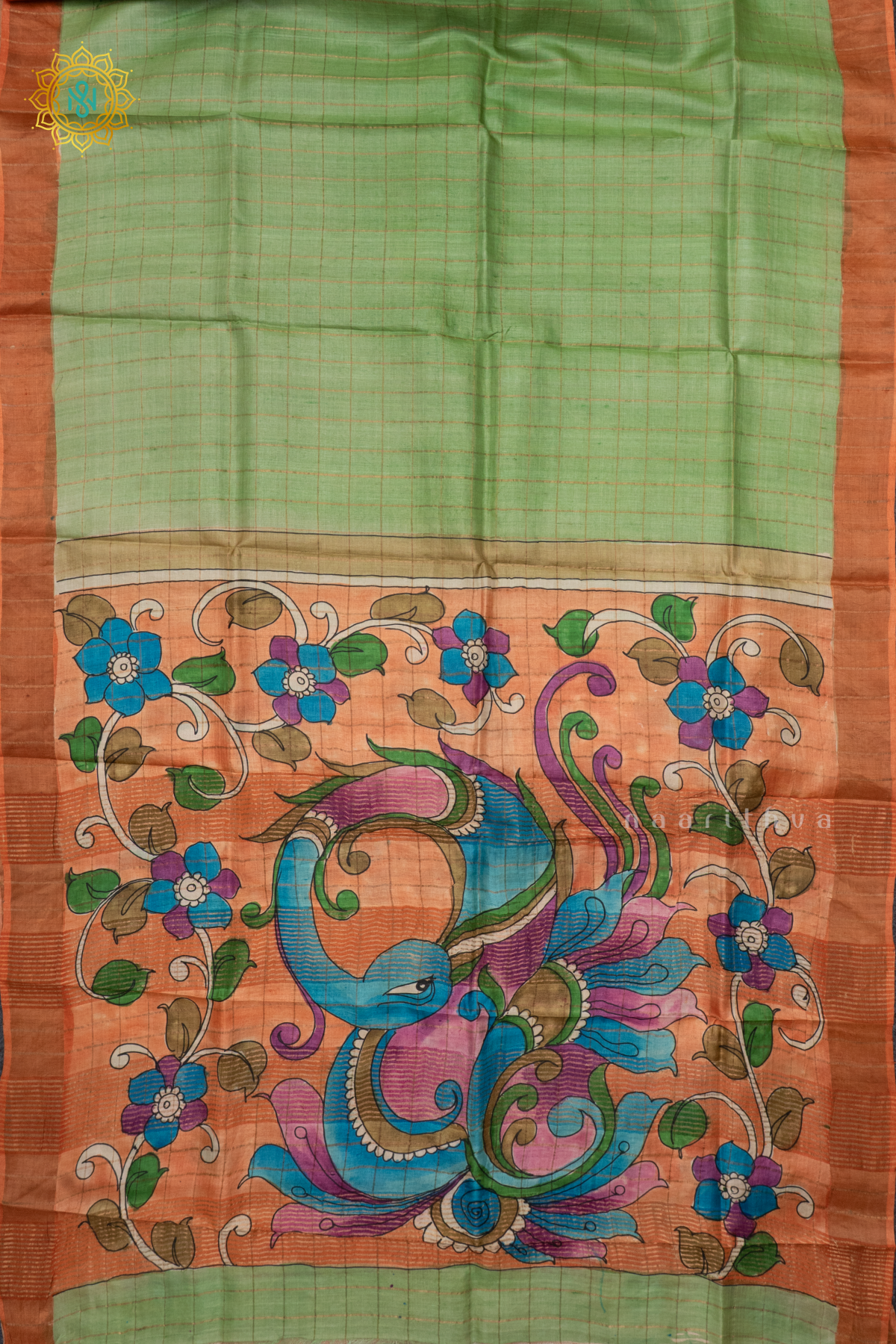 PISTA GREEN WITH RUST ORANGE - PURE TUSSAR SILK