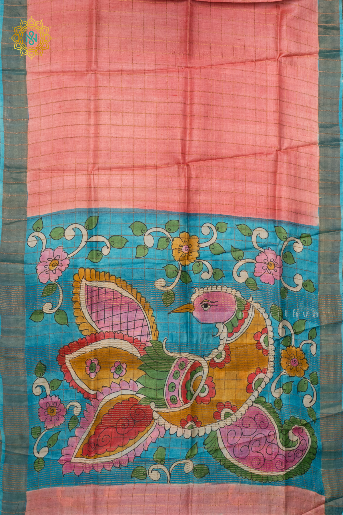 PEACHISH PINK WITH SKY BLUE - PURE TUSSAR SILK