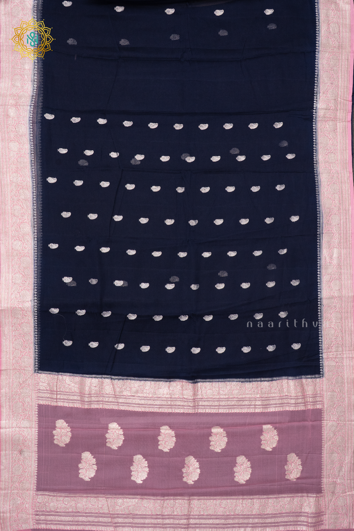NAVY BLUE WITH LIGHT PINK - PURE BANARASI CHIFFON