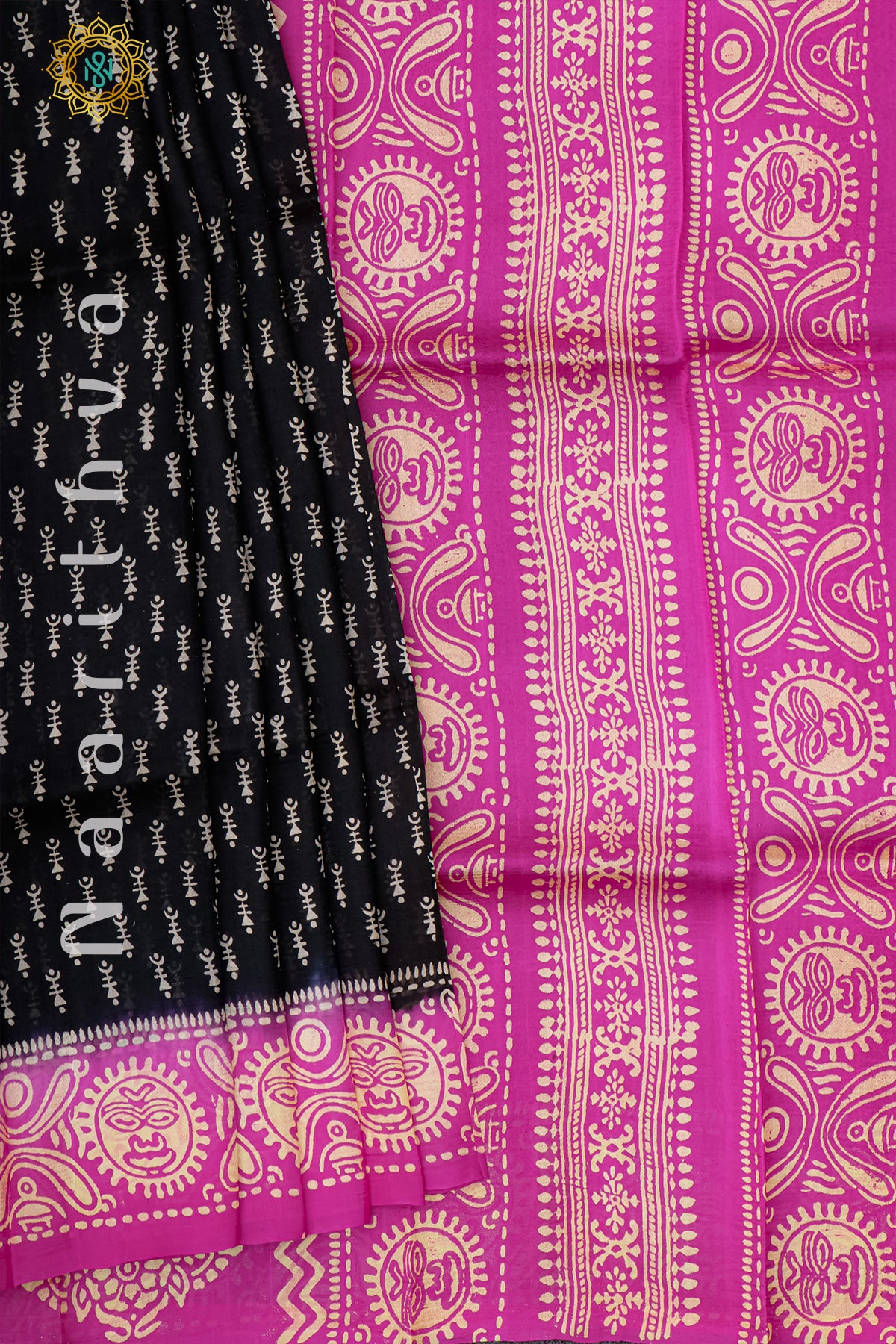 BLACK WITH PINK - PURE MULBERRY SILK WITH BLOCK PRINT