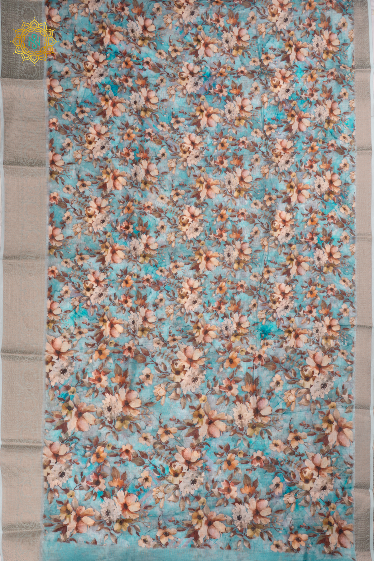 Light Blue Linen by Cotton Saree with Floral Printed Body and Zari Border