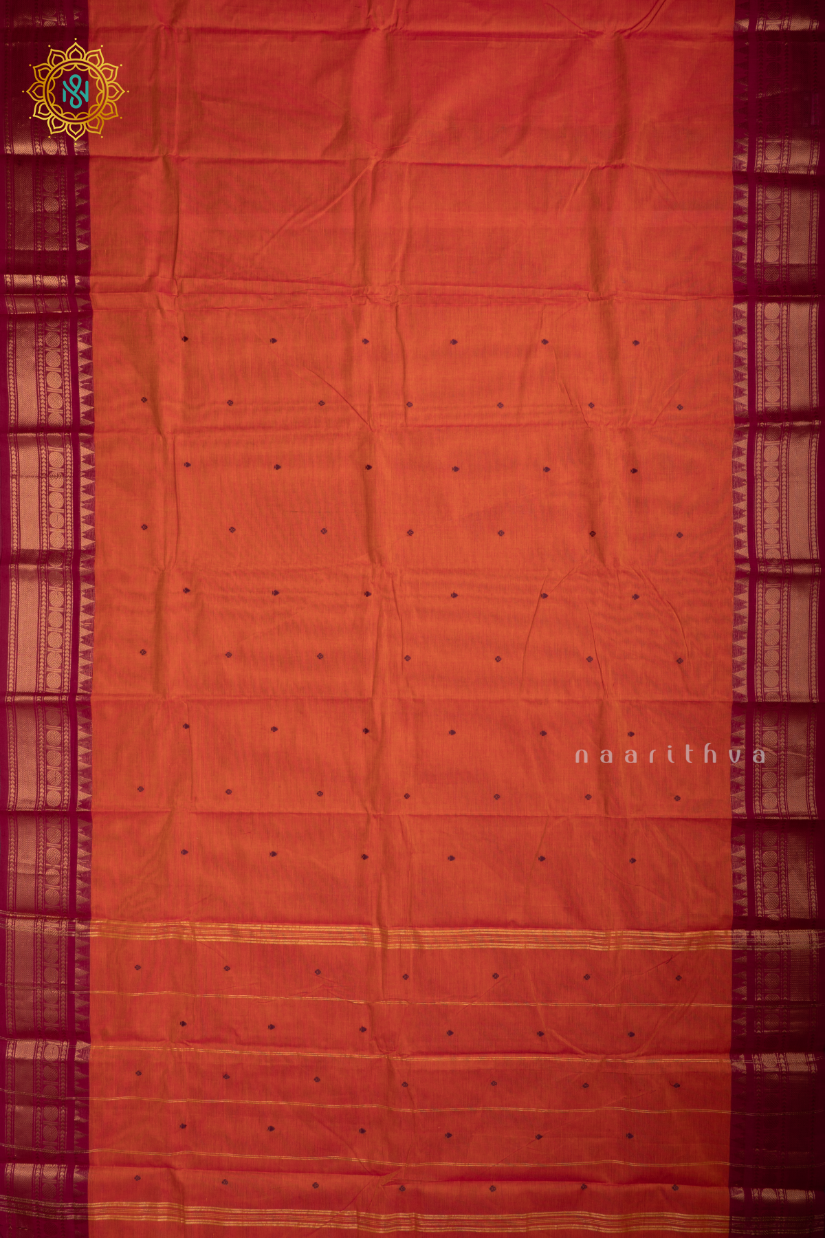 Orange With Magenta Chettinad Cotton Saree With Thread Woven Buttas & Contrast Border