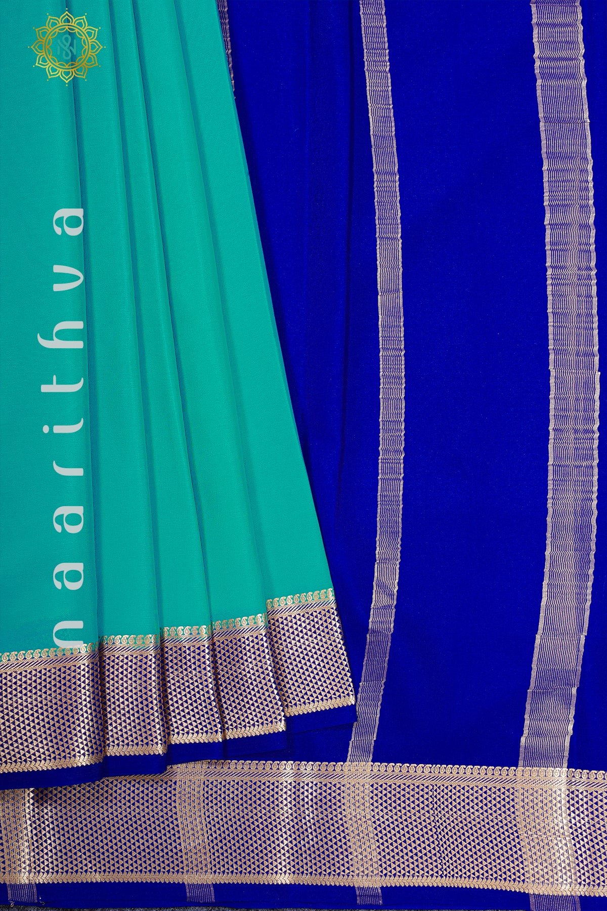 AQUA BLUE WITH ROYAL BLUE - PURE MYSORE CREPE SILK