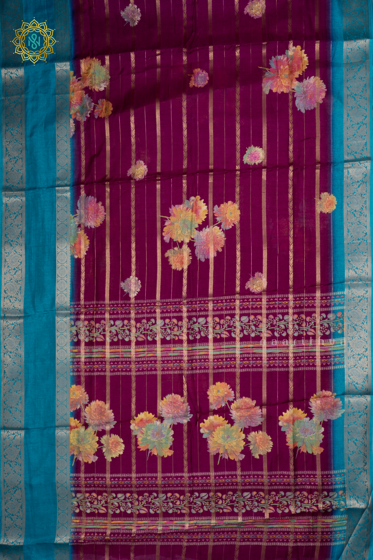 Wine With Sky Blue Dola Silk Saree Allover Printed Buttas And Zari Stripes With Contrast Zari Gap Border