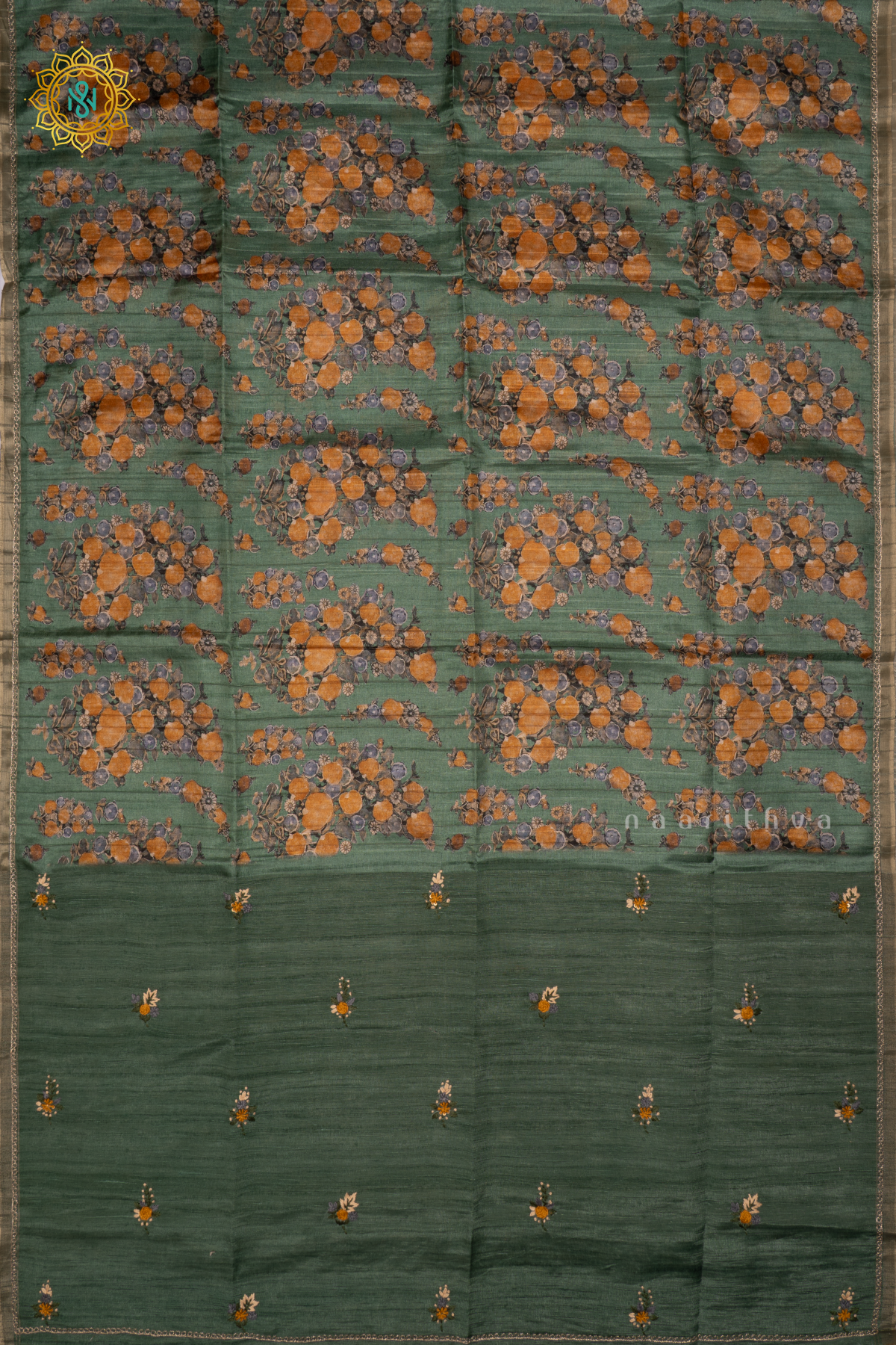 GREEN - KOTHA TUSSAR SAREE WITH PRINTED BODY, EMBROIDERY WOVEN BUTTAS AND AARI WORK BORDER