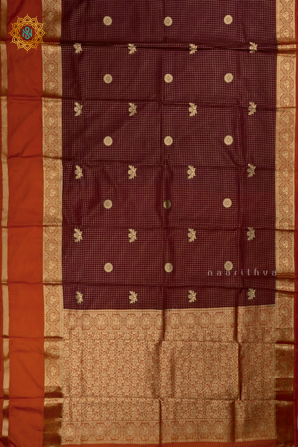 Rust Orange with Brown - Semi Crepe Silk Saree with Allover Plain Body with Contrast Zari Border, Pallu and Blouse