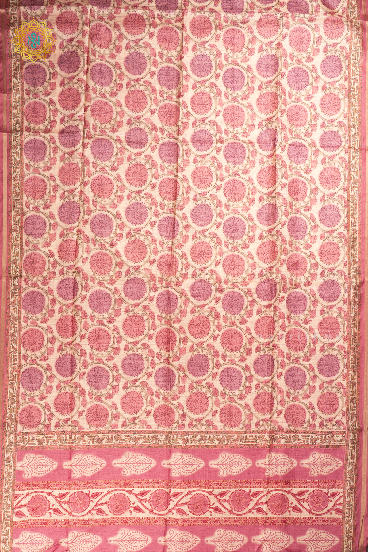 Beige With Pink Semi Tussar Silk Saree With Printed Body And Tissue Border