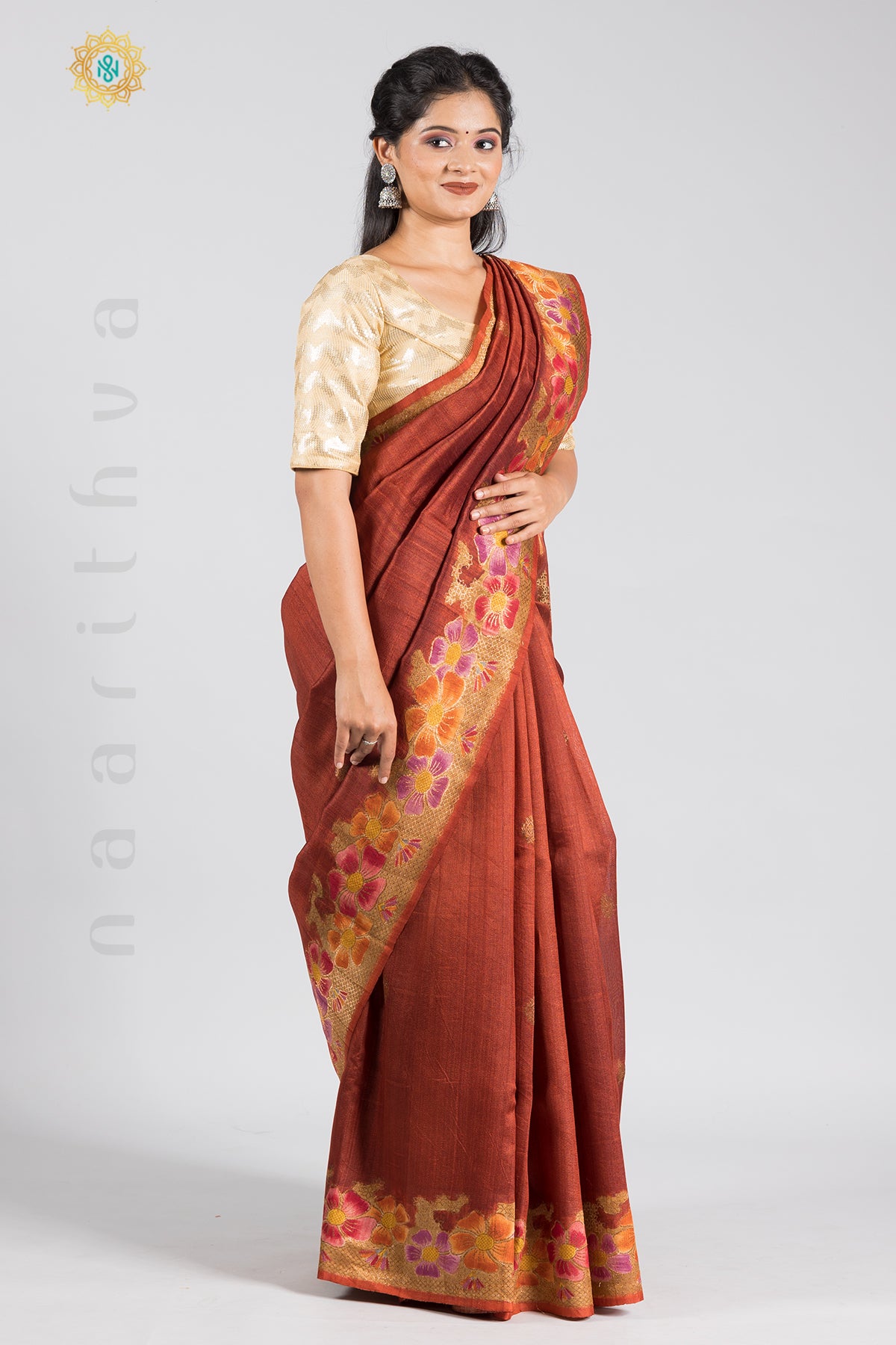 RUST ORANGE - PURE TUSSAR SILK WITH ZARI WOVEN HAND BRUSH BORDER & PALLU