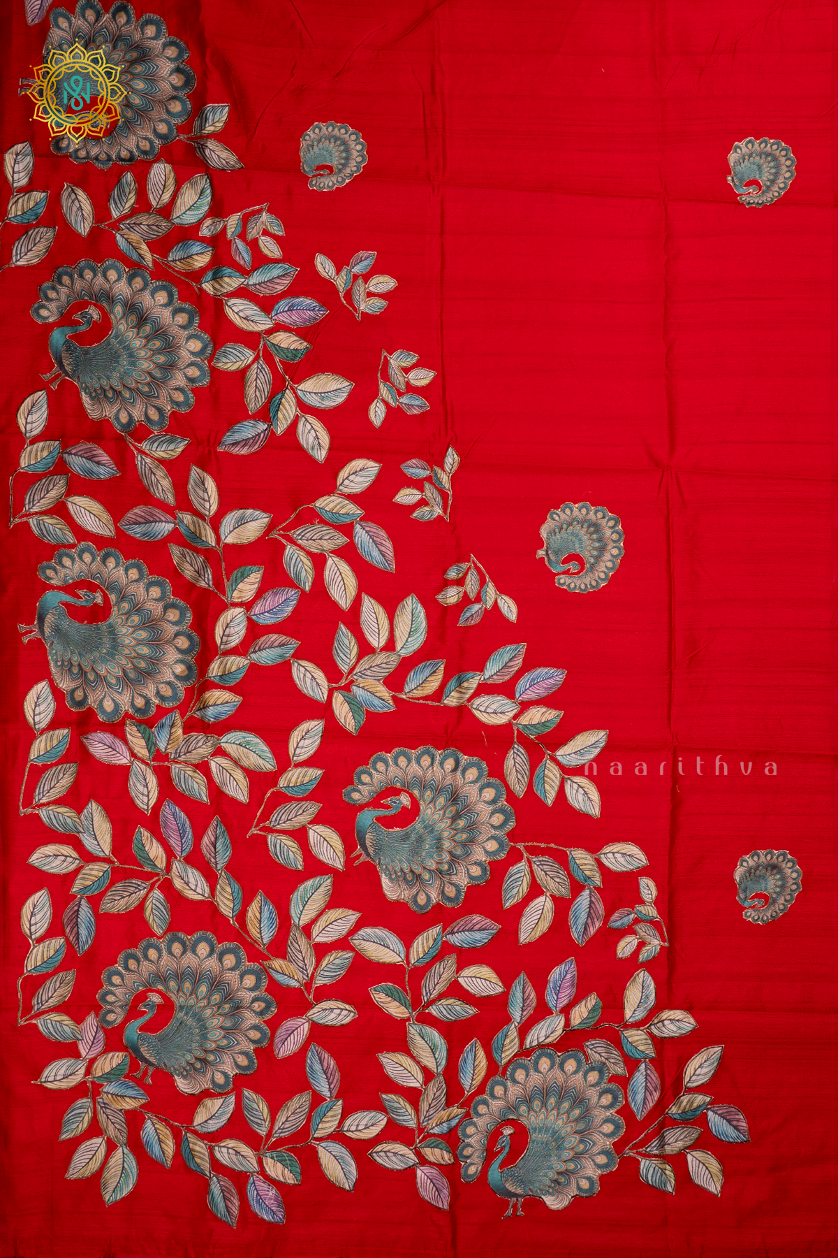 RED - SEMI TUSSAR SILK WITH APPLIQUE WORK
