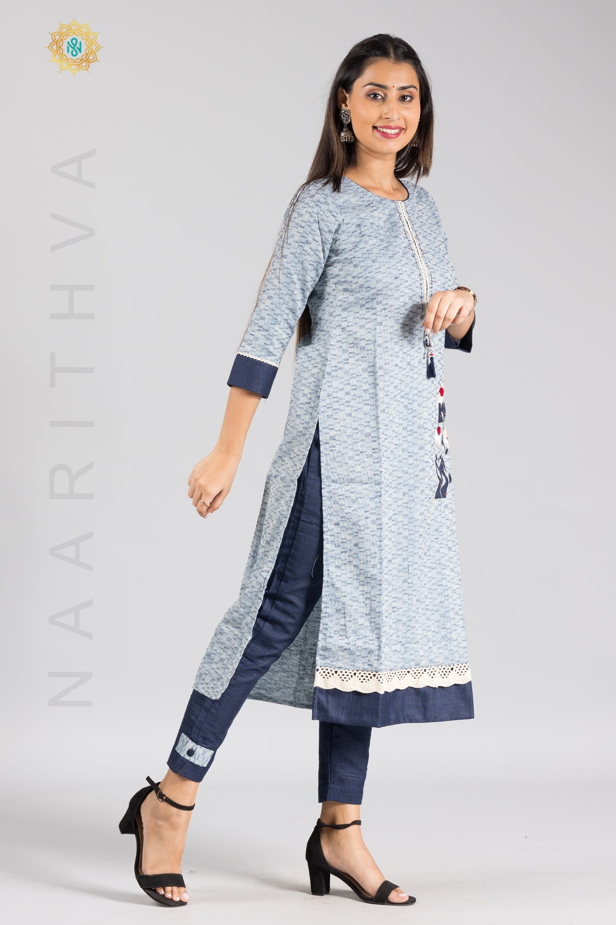 BLUE - COTTON KURTI & BOTTOM SUIT WITH EMBROIDERY WORK