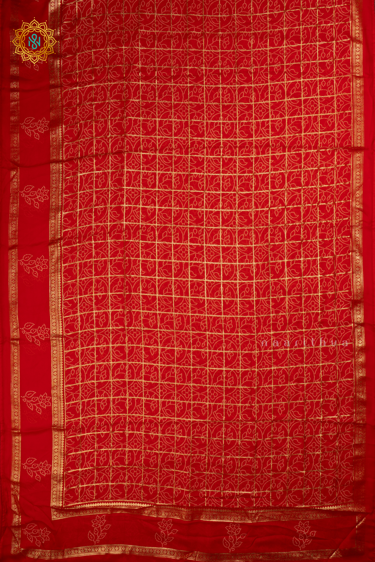 Red Chiffon Georgette Saree Allover Printed Body And Zari Checks With Zari Gap Border