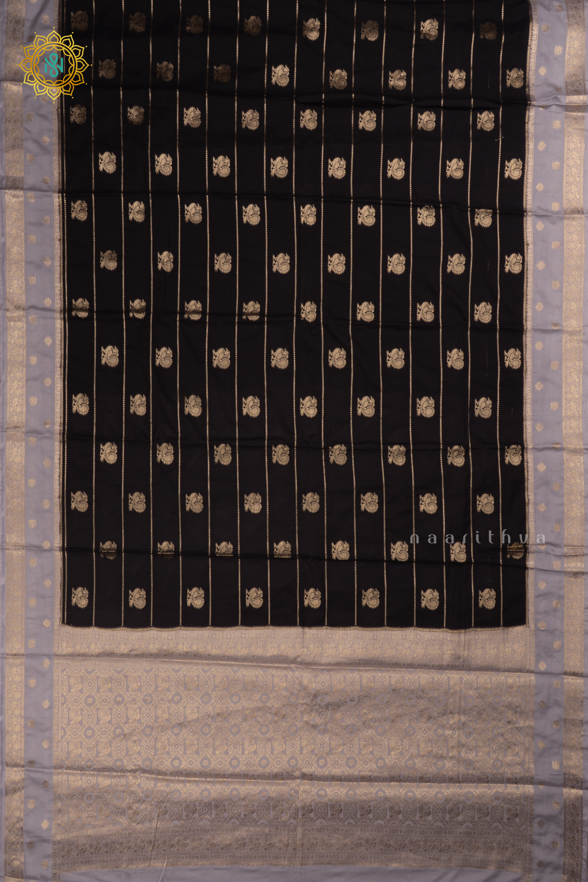 Black with Grey Semi Mysore Crepe Silk Saree with All-Over Zari Stripes and Zari Buttas on the Body and a Contrast Zari Border