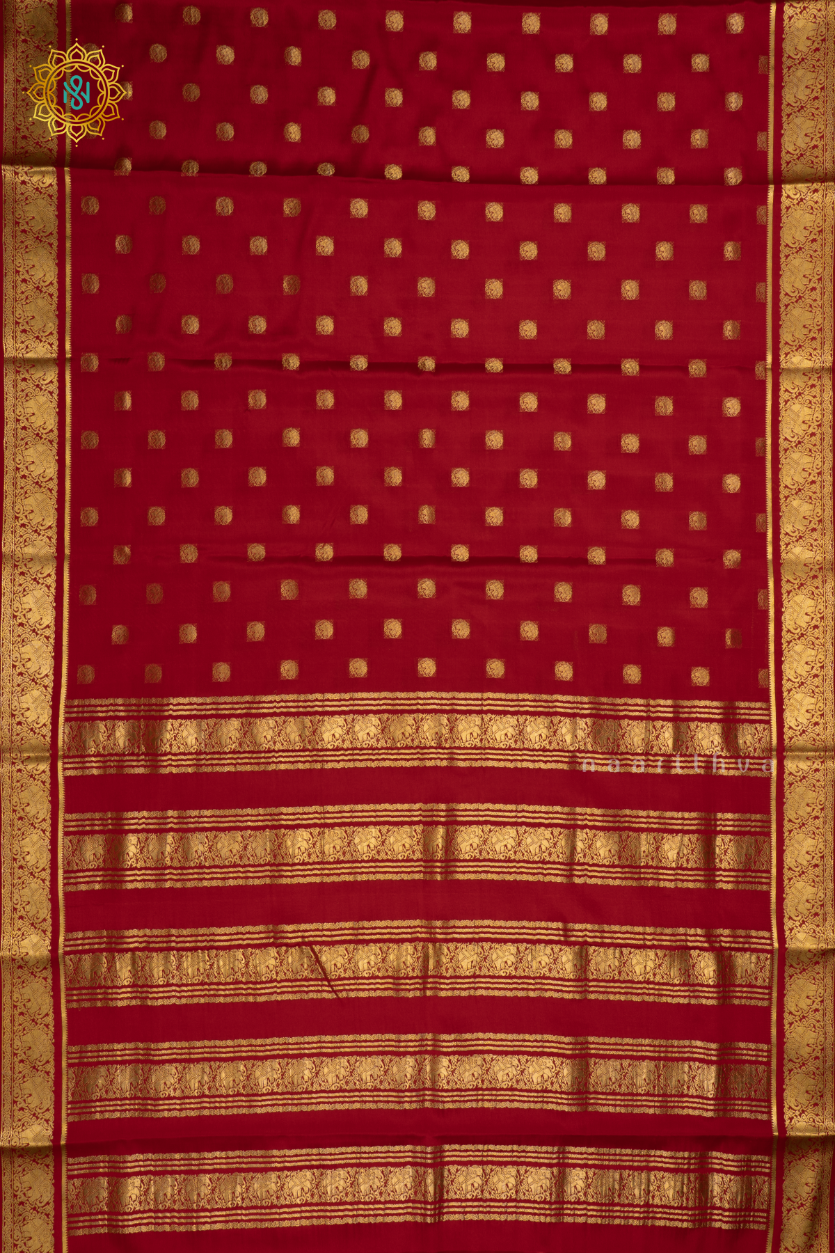 Red Pure Mysore Crepe Silk Saree With Zari Buttas On The Body and Zari Border