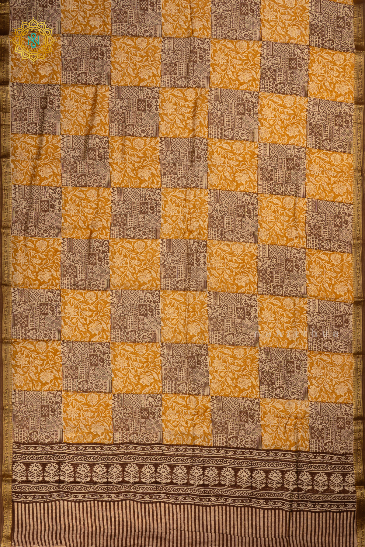 Brown with Yellow  Butter Crepe Saree with All-Over Printed Body and Zari Border
