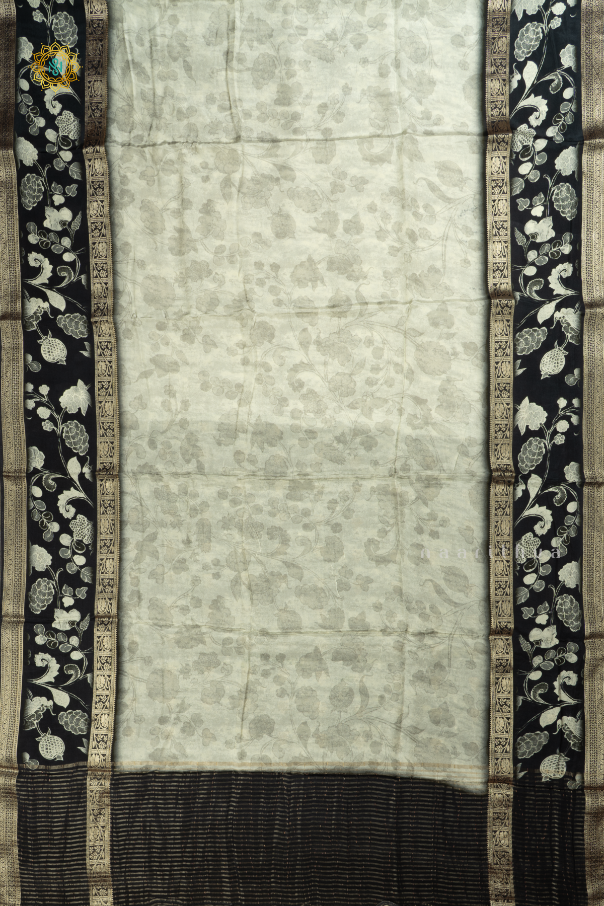 Off White With Black Printed Semi Crepe Silk Saree With Contrast Bentex Zari Border & Pallu