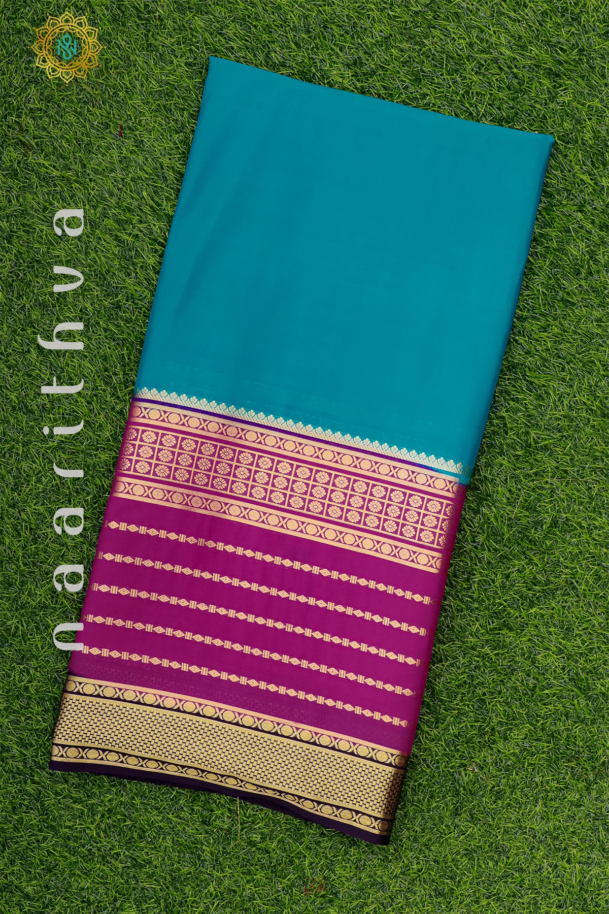 SKY BLUE WITH PINK & NAVY BLUE - SEMI MYSORE CREPE SILK