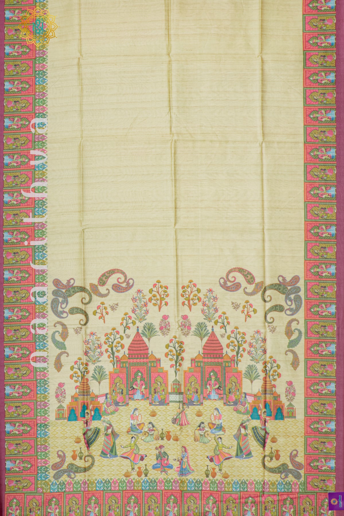 BEIGE WITH MAGENTA - SEMI TUSSAR SILK