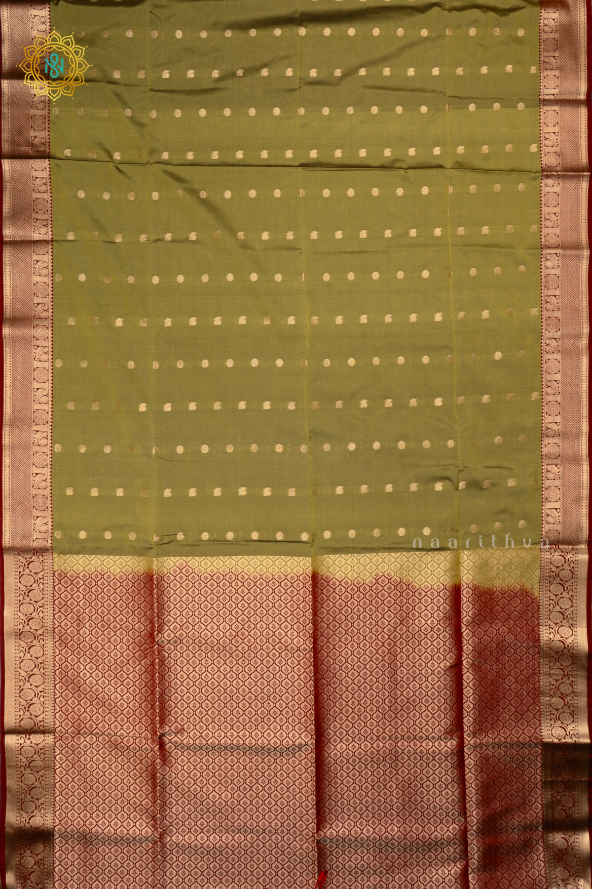 Parrot Green With Maroon Semi Soft Silk Saree Allover Zari Buttas And Contrast Zari Border
