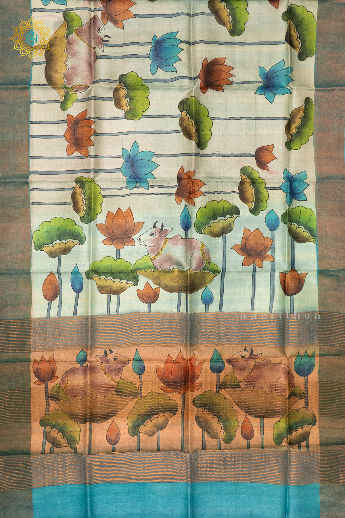 AQUA BLUE WITH SKY BLUE - PURE TUSSAR SILK