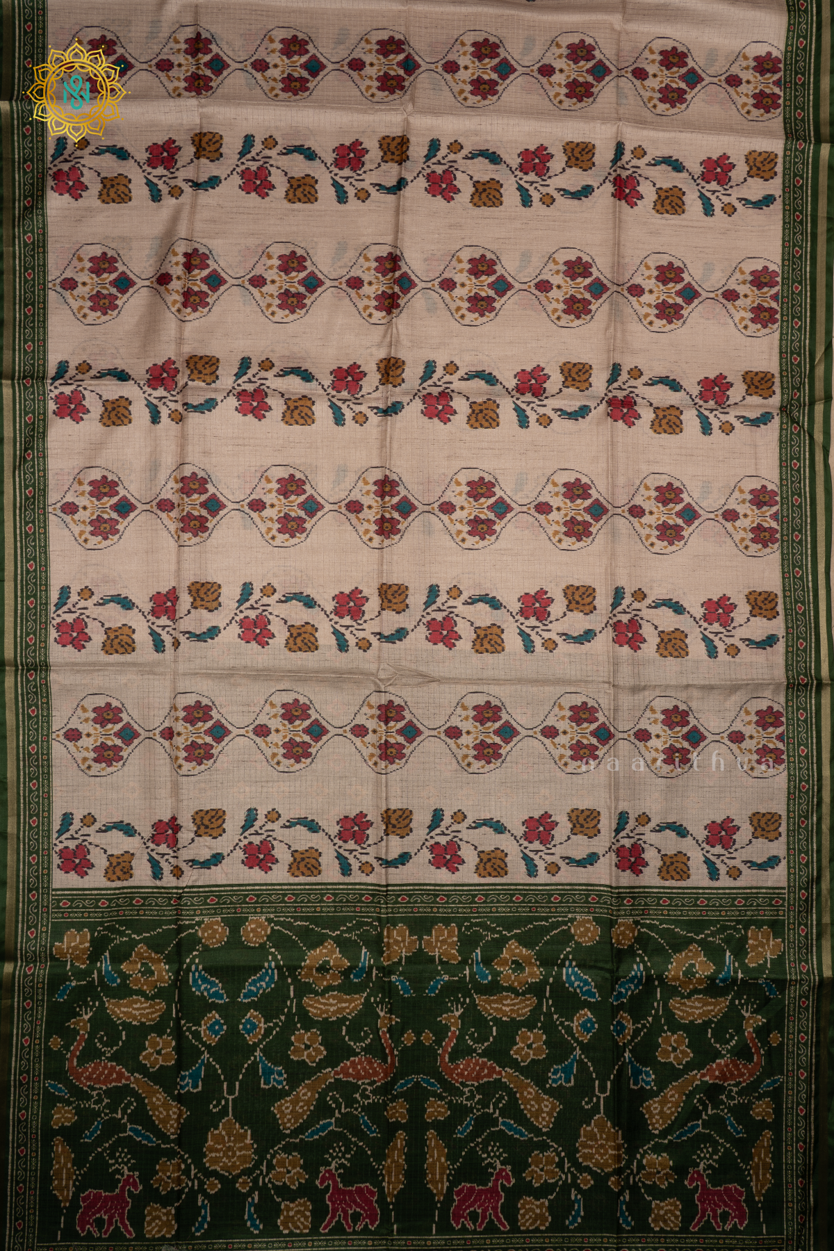 OFF WHITE WITH GREEN - SEMI TUSSAR SILK SAREE PRINTED BODY WITH CONTRAST BORDER