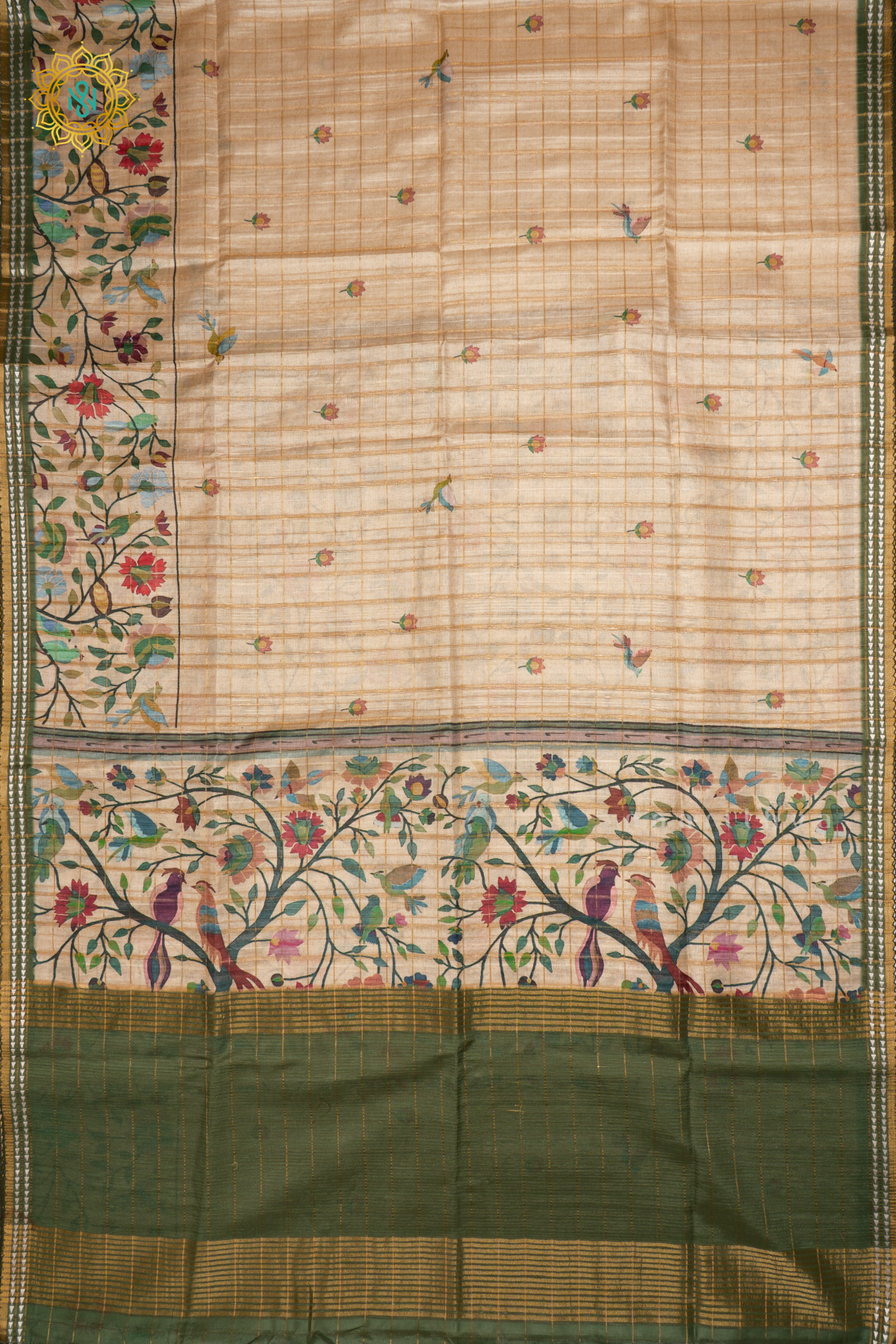 Off White With Light Green Semi Tussar Silk Saree Allover Printed And Zari Striped Body With Thread Woven Tissue Border