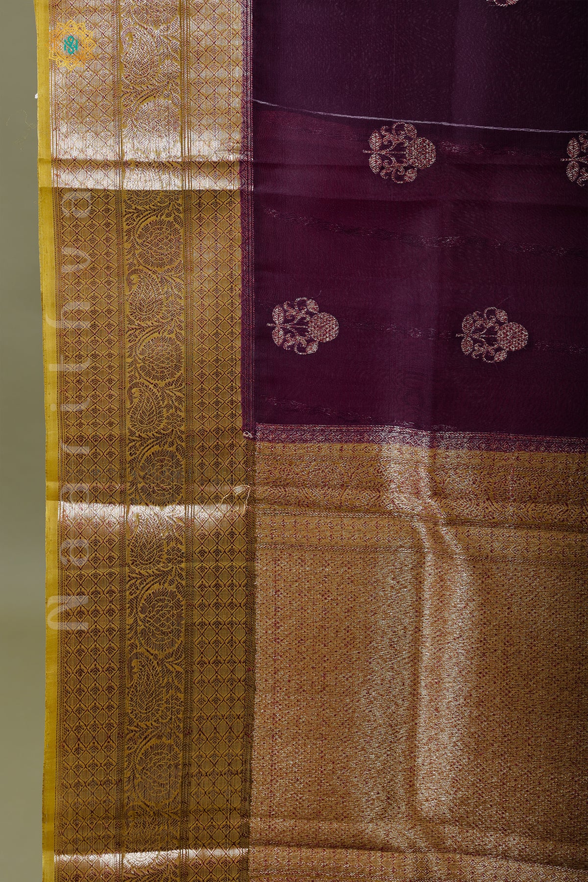 WINE WITH OLIVE GREEN - PURE BANARASI KORA SILK