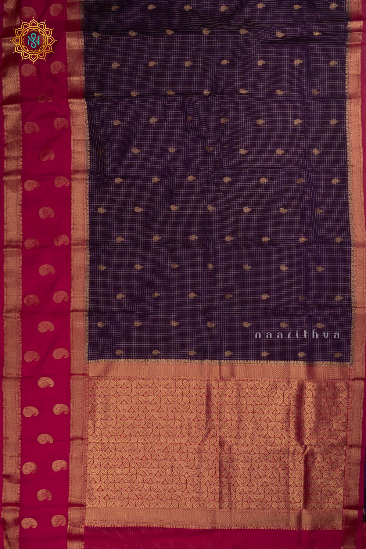 Purple with Rani Pink Semi Mysore Crepe Silk Saree with All-Over Zari Checks and Buttas and a Contrast Zari Gap Border
