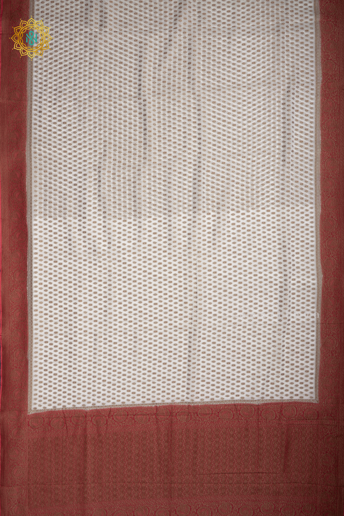 White With Red Semi Banarasi Georgette Saree Allover Zari Buttas On The Body With Contrast Zari Border & Pallu