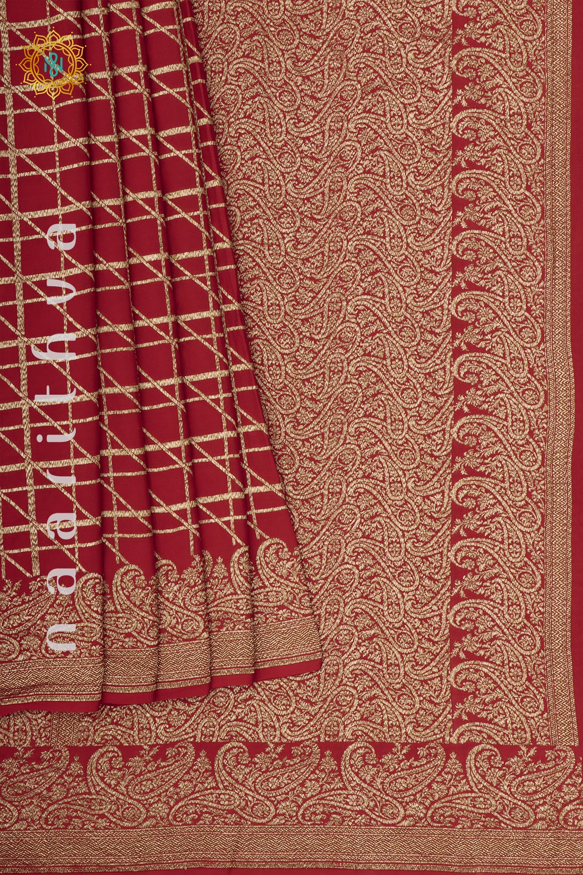 RED WITH GREEN - PURE BANARASI CREPE SILK