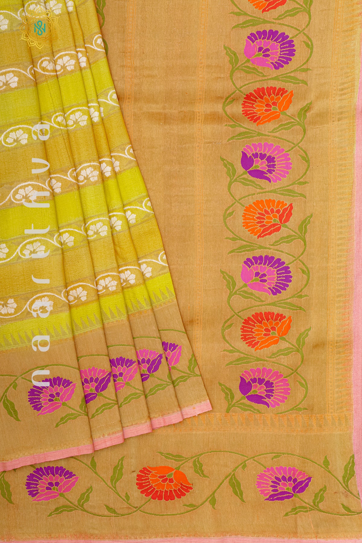 DUAL SHADE OF YELLOW WITH PEACHISH PINK - PURE HAND PAINTED TUSSAR GEORGETTE